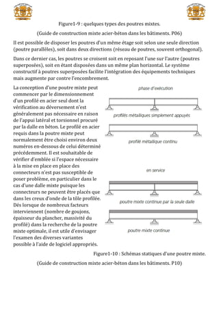 Figure1-9 : quelques types des poutres mixtes.
(Guide de construction mixte acier-béton dans les bâtiments. P06)
Il est possible de disposer les poutres d’un même étage soit selon une seule direction
(poutre parallèles), soit dans deux directions (réseau de poutres, souvent orthogonal).
Dans ce dernier cas, les poutres se croisent soit en reposant l’une sur l’autre (poutres
superposées), soit en étant disposées dans un même plan horizontal. Le système
constructif à poutres superposées facilite l’intégration des équipements techniques
mais augmente par contre l’encombrement.
La conception d’une poutre mixte peut
commencer par le dimensionnement
d’un profilé en acier seul dont la
vérification au déversement n’est
généralement pas nécessaire en raison
de l’appui latéral et torsionnel procuré
par la dalle en béton. Le profilé en acier
requis dans la poutre mixte peut
normalement être choisi environ deux
numéros en-dessous de celui déterminé
précédemment. Il est souhaitable de
vérifier d’emblée si l’espace nécessaire
à la mise en place en place des
connecteurs n’est pas susceptible de
poser problème, en particulier dans le
cas d’une dalle mixte puisque les
connecteurs ne peuvent être placés que
dans les creux d’onde de la tôle profilée.
Dés lorsque de nombreux facteurs
interviennent (nombre de goujons,
épaisseur du plancher, massivité du
profilé) dans la recherche de la poutre
mixte optimale, il est utile d’envisager
l’examen des diverses variantes
possible à l’aide de logiciel appropriés.
Figure1-10 : Schémas statiques d’une poutre mixte.
(Guide de construction mixte acier-béton dans les bâtiments. P10)
 