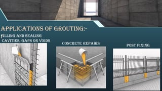 Applications of grouting:-
:-
Filling and sealing
cavities, gaps or voids
Post fixing
Concrete repairs
 
