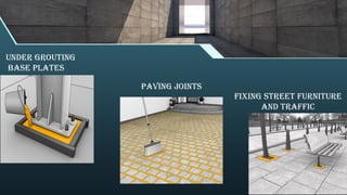 Under grouting
base plates
Paving joints
Fixing street furniture
and traffic
 