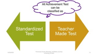 Standardized
Test
Teacher
Made Test
All Achievement Test
can be
classified as
10/29/2020
Prof Amita Pandey Bhardwaj, SLBSNSU (Central
University),N.Delhi
13
 