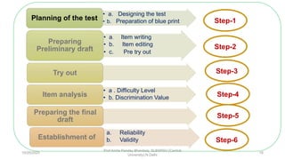• a. Designing the test
• b. Preparation of blue printPlanning of the test
• a. Item writing
• b. Item editing
• c. Pre try out
Preparing
Preliminary draft
Try out
• a . Difficulty Level
• b. Discrimination ValueItem analysis
Preparing the final
draft
• a. Reliability
• b. ValidityEstablishment of
Step-1
Step-2
Step-3
Step-4
Step-5
Step-6
10/29/2020
Prof Amita Pandey Bhardwaj, SLBSNSU (Central
University),N.Delhi
18
 
