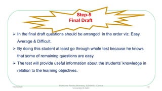  In the final draft questions should be arranged in the order viz. Easy,
Average & Difficult.
 By doing this student at least go through whole test because he knows
that some of remaining questions are easy.
 The test will provide useful information about the students’ knowledge in
relation to the learning objectives.
Step-5
Final Draft
10/29/2020
Prof Amita Pandey Bhardwaj, SLBSNSU (Central
University),N.Delhi
32
 