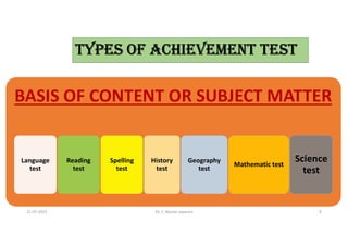 TYPES OF ACHIEVEMENT TEST
BASIS OF CONTENT OR SUBJECT MATTER
Language
test
Reading
test
Spelling
test
History
test
Geography
test
Mathematic test
Science
test
21-07-2021 Dr. C. Beulah Jayarani 9
 