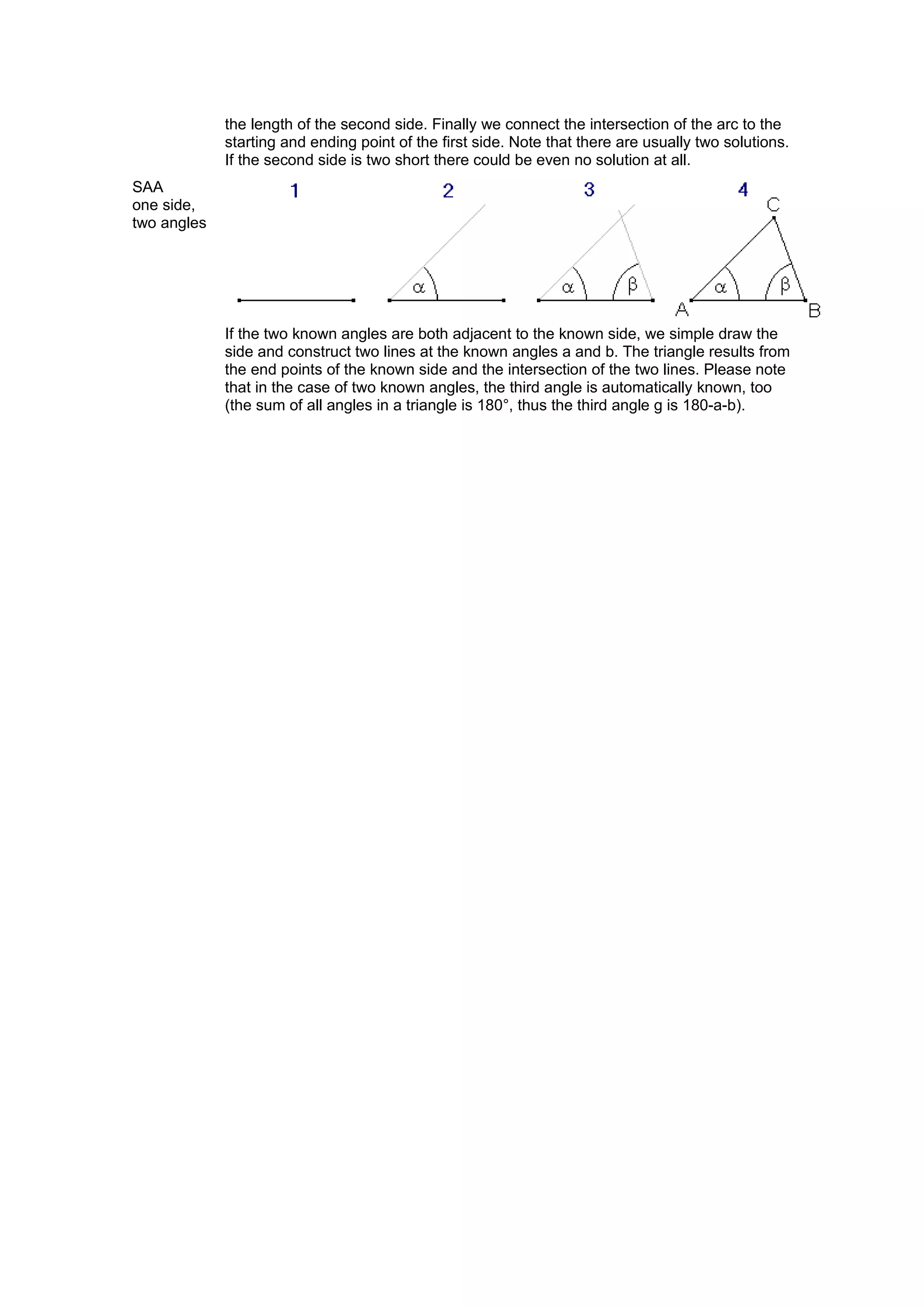 the length of the second side. Finally we connect the intersection of the arc to the
             starting and ending point of the first side. Note that there are usually two solutions.
             If the second side is two short there could be even no solution at all.
SAA
one side,
two angles




             If the two known angles are both adjacent to the known side, we simple draw the
             side and construct two lines at the known angles a and b. The triangle results from
             the end points of the known side and the intersection of the two lines. Please note
             that in the case of two known angles, the third angle is automatically known, too
             (the sum of all angles in a triangle is 180°, thus the third angle g is 180-a-b).
 