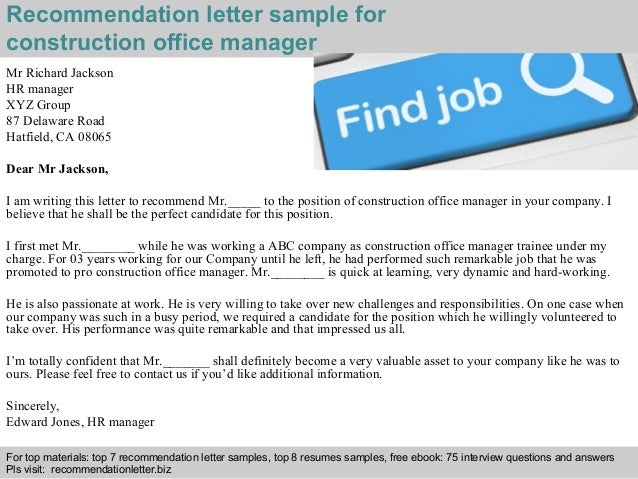 construction office manager recommendation letter sample letter of recommendation for office manager