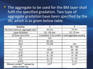 The aggregate to be used for the BM layer shall
fulfil the specified gradation. Two type of
aggregate gradation have been specified by the
IRC which is as given below table
 