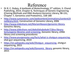 Reference
• Dr R. C. Dubey, A textbook of Biotechnology, 5th edition, S. Chand
Publishing, 2014, Chapter 6, Techniques of Genetic Engineering
(Cloning Methods and DNA Analysis) Genomic Library, 98-131,
Chapter 7, Genomics and Proteomics, 158-180
• http://www.sumanasinc.com/webcontent/animations/content/d
nalibrary.html, Construction of Genomic Library, 2006
• http://www.slideshare.net/MariamNaseer/genomic-library,
Genomic library,
• http://www.slideshare.net/abdullahabobakr7/dna-library-
lecturegene-libraries-and-screening, Genomic library, cDNA
library and screening procedures
• http://www.yourgenome.org/facts/what-is-shotgun-sequencing,
shot gun sequencing, 2014
• https://en.wikipedia.org/wiki/Shotgun_sequencing, shotgun
sequencing, 2015
• https://en.wikipedia.org/wiki/Genomic_library, genomic library,
2015
 