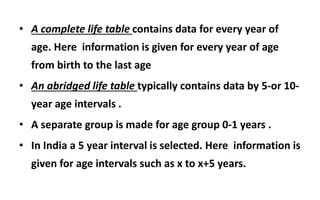 • A complete life table contains data for every year of
age. Here information is given for every year of age
from birth to the last age
• An abridged life table typically contains data by 5-or 10-
year age intervals .
• A separate group is made for age group 0-1 years .
• In India a 5 year interval is selected. Here information is
given for age intervals such as x to x+5 years.
 