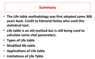 Summary
• The Life table methodology was first adopted some 300
years back. Credit to Edmond Halley who used this
statistical tool.
• Life table is an old method but is still being used to
calculate some vital parameters.
• Types of Life table
• Modified life table
• Applications of Life table
• Limitations of Life Table
 