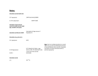 Notes:
Calculation of total deaths (D):
i) 0-1 age group= (IMR*total births)/100000
ii) 1-85+ age-groups= ASDR*P/1000
Calculation of age-interval:
count the number of each single
age, included in the group
Calculation of nMx from ASDR=
Total deaths d/ (Age-interval n*
Population P)
Calcualtion of nqx fromnMx =
i) 0-1 age group= (D/P)
ii) 1-84 age-groups=
(2*n*nMx)/(2+(n*nMx)), n=age
interval, nMx= life table death rates
Note: there are multiple procedures to convert
nMx to nqx, we here are following the formula
of Acturial Method, which assumes, Population
and Death are linearly distributed within a
particular age-group.
iii) 85+=
1 (since all of them will die
eventually)
Calculation of ndx
ndx = nqx *nlx
 