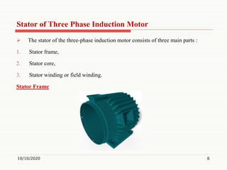 Stator of Three Phase Induction Motor
 The stator of the three-phase induction motor consists of three main parts :
1. Stator frame,
2. Stator core,
3. Stator winding or field winding.
Stator Frame
10/10/2020 6
 