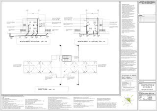 AA
BB
19 20 21 22 23 24 25 26
35 34 33 32 31 30 29
27 28
risers @ 180mm
treads @ 300mm
in compliance with
SANS 10400-M
REVISIONS
DATE NO. REVISION
OWNER'S SIGNATURE
05/09
ELEVATIONS & ROOF
CONSTRUCTION &
DETAILING III
PROPOSED OFFICE BLOCK
001
20 OCT 2014
PROJECT TITLE
DRAWING TITLE
PROJECT No. DRAWING No.
SCALE DATE DESIGNED/DRAWN
1:100 Y.SEWPERSAD
NOTES IN RESPECT OF S.A. STANDARD CODE OF PRACTICE FOR THE
APPLICATION OF THE NATIONAL BUILDING REGULATIONS (N.B.R.) SANS
10400
PART D - PUBLIC SAFETY
ALL BALUSTRADES TO COMPLY WITH PART DD2
PART M - STAIRWAYS
DIMENSIONS OF STAIRWAYS TO BE IN ACCORDANCE WITH MM2 &
BALUSTRADES TO COMPLY WITH MM3
PART N - GLAZING
ALL GLAZING TO COMPLY WITH PART N-N.B.R.
PART 0 - LIGHTING AND VENTILATION
ALL AREAS TO BE ARTIFICIALLY LIT IN COMPLIANCE WITH 006, OFFICES &
OTHER HABITAL ROOMS MIN. 350lux, TOILETS 160lux
ALL AREAS TO BE MECHANICALLY VENTILATED IN ACCORDANCE WITH
007 - FRESH AIR TO BE SUPPLIED AT A RATE OF 7,5l/s/p & TO
BE UNIFORMALLY DISTRIBUTED THROUGHOUT HABITAL AREAS.
AIR VELOCITY NOT TO EXCEED 0,5m/s TO OFFICES & SHOPS
PART S - FACILITIES FOR DISABLED PERSONS
RAMPS TO BE PROVIDED IN ACCORDANCE WITH SS2
TOILET FACILITIES TO BE PROVIDED IN ACCORDANCE WITH SS5
PARKING BAYS TO COMPLY WITH SS8
SIGNAGE TO COMPLY WITH SS9
PART U - REFUSE DISPOSAL
REFUSE AREA TO BE CONSTRUCTED & PROVIDED WITH HOSE,
BIBTAP & SUMP
PART T - FIRE PROTECTION
OCCUPANCY CLASSIFICATION TO COMPLY WITH B2 &F2
ALL MATERIALS TO COMPLY WITH TT5
ALL STRUCTURAL ELEMENTS AND COMPONENTS TO COMPLY WITH TT7.
LL OPENINGS TO BE PROTECTED IN COMPLIANCE WITH TT10
ALL ACCESS DOORS TO EMERGENCY ROUTES TO BE SABS CLASS B
2 HOUR RATED. DOORS FIT WITH SELF-CLOSING DEVICE TT10.4 & LOCKS IN
ACCORDANCE WITH TT19.9.
ALL CEILING MATERIALS TO COMPLY WITH TT13
ALL FLOOR COVERINGS TO COMPLY WITH TT14
ALL WALL FINISHES TO COMPLY WITH TT15
LOCKS TO ESCAPE AND ACCESS DOORS TO COMPLY WITH TT19.9
STAIRWAYS FORMING ESCAPE ROUTES TO COMPLY WITH TT23
ALL OPENINGS IN FLOORS TO COMPLY WITH TT26
SIGNAGE TO BE PROVIDED IN ACCORDANCE WITH TT29,TT32, TT55.4 & TT55.5
EMERGENCY ROUTES TO BE LIT IN ACCORDANCE WITH TT30 - DESIGNED BY
PROF. ENGINEER & CERTIFIED ON COMPLETION
FIR DETECTION AND ALARM SYSTEM TO BE PROVIDED IN ACCORDANCE WITH
TT31 - TO BE CERTIFIED BY PROFESSIONAL
SPRINKLER SYSTEM TO BE PROVIDED IN ACCORDANCE WITH TT33/36
FIRE RETICULATION TO COMPLY WITH TT33 & WW5
HYDRANTS TO BE PROVIDED IN ACCORDANCE WITH TT35
PORTABLE FIRE EXTINGUISHES TO BE PROVIDED IN ACCORDANCE WITH
TT37
ANY ACCESSIBLE CONCEALED SPACE WITH A MAX. DIMENSION OF
5M TO BE FIRE STOPPED IN ACCORDANCE WITH TT39
SERVICE PIPES, CONDUITS AND SLEEVES TO COMPLY WITH TT41
OCCUPANCY : OFFICE - G1
STORAGE - J3
FIRE HOSE REELS TO COMPLY WITH TT37
25mm dia. WATER SUPPLY TO ALL FIRE PROTECTION COMPONENTS
3% ROOF VENTILATION TO BE PROVIDED TO N.B.R.
MAX. HEIGHT OF STORAGE = 3M
DRAINAGE NOTES
- ALL WORK IS TO COMPLY TO SANS 10400
- HEAD OF DRAIN IS TO BE VENTED
- ANY DAMAGED FITTINGS TO BE REPLACED
- ALL GULLEY SURROUNDS & MANHOLE
COVERS TO BE 75 mm ABOVE GROUND LEVEL
- SEWER MANHOLES TO BE EXPOSED BEFORE
COMMENCING WORK AND ADJUST LEVELS
ACCORDINGLY
- IE'S TO ALL BENDS AND JUNCTIONS
- SOIL PIPES TO BE 110 diameter PVC
- SEWER UNDER BUILDINGS TO BE
110 mm UPVC RIBBED PTPE
- ANCHOR BLOCKS TO BE USED WHEN
GRADIENTS EXCEED 1:5
FLASHING TO COMPLY WITH PART LL5.2
TWO COURES OF BRICKWORK TO BE REINFORCED
WITH BRICKFORCE BELOW WALL PLATE LEVEL, ABOVE
WINDOW HEAD HEIGHT & BELOW WINDOW CILL LEVEL.
EXTERNAL FACE OF INNER SKIN OF ALL EXTERNAL
WALLS TO BE BAGGED AND WATERPROOFED
WITH TWO COATS OF BITUMEN PAINT.
6.4 mm GYPSUM CEILING BOARDS FIXED TO 38 X 38
BRANDERING AT MAX 300mm CENTRES BOTH WAYS.
375 mic DPC TO BE PROVIDED TO WALLS AT SLAB
LEVEL AND UNDER ALL CILLS.
CONTRACTOR TO ENSURE THAT NO CHANGES IN
LEVELS ARE MADE OVER LOCAL AUTHORITY
SERVITUDES OR UNDER GROUND SERVICES UNLESS
PERMISSION HAS BEEN GIVEN IN WRITING BY
THE LOCAL AUTHORITY.
ANY DISCREPANCIES AND OMISSIONS ARE TO BE
BROUGHT TO THE ARCHITECTS ATTENTION
IMMEDIATELY.
IF ON EXCAVATION THE SITE IS FOUND TO
CONTAIN EXPANSIVE CLAY, SHALE, GROUND WATER
OR OTHER SUSPECT SOIL CONDITIONS : THEN ALL
FOUNDATIONS ARE TO BE BUILT TO PROFESSIONAL
ENGINEERS DETAILS & UNDER HIS SUPERVISION.
NOTE: ALL DIMENSIONS - LEVELS ETC. ARE TO BE VERIFIED ON SITE
PRIOR TO ANY WORK BEING PUT IN HAND AND TO REPORT ANY
DECREPANCIES IMMEDIATELY TO THE ARCHITECT.ALL MATERIALS
AND LABOUR PRACTICE IS TO COMPLY WITH PART-B OF SANS
10400 AND NATIONAL BUILDING REGULATIONS.THIS DRAWING
OR ANY PORTION THEREOF IS RESERVED BY THE ARCHITECT AND
MUST NOTBE RE-PRODUCED IN ANY FORM WITHOUT CONSENT
SUB-FLOOR AND FOUNDATION TRENCHES TO
BE POISONED WITH "CLORODANE" SOLUTION
IN ACCORDANCE WITH SABS CODES OF
PRACTICE BY SPECIALIST.
ROOF PLAN scale 1 : 100
GENERAL NOTES
ALL WORK TO COMPLY WITH SANS 10400.
CORNER BEACONS TO BE LOCATED AND
EXPOSED BEFORE WORK ON SITE
COMMENCES.CONTRACTOR TO CHECK ALL
DIMENSIONS AND LEVELS (SCHEDULES AND
DETAILS) BEFORE THE RELEVANT WORK IS
PLACED IN HAND AND REPORT ANY
DISCREPANCIES TO THE ARCHITECT.
ALL WRITTEN DIMENSIONS TO BE TAKEN IN
PREFERENCE TO SCALING.
SOIL TO BE WELL COMPACTED BEHIND IN
LAYERS NOT EXCEEDING 150 mm.
ALL FOUNDATIONS TO BE TAKEN BELOW
NATURAL GROUND LEVEL.
NO BACK FILLING OF OVER EXCAVATED
AREAS WILLBE PERMITTED.
THE CONTRACTOR IS TO INSPECT THE
OFFICIAL APPROVED COPIES OF THE
DRAWINGS TO ENSURE THAT ALL
AMENDMENTS HAVE BEEN TAKEN INTO
ACCOUNT .THE ATTENTION OF THE
OWNER/CONTACTORIS DRAWN TO THE FACT
THAT CHANGERS TO THE PLAN&/OR
SPECIFICATION AFTER OFFICIAL APPROVAL
IS LIKELY TO INVALIDATE THAT APPROVAL.
ALL EARTHWORKS TO BE CONTAINED WITHIN
SITE BOUNDARIES & WITHIN 1.0 m OF ANY of
ANY BOUNDARY.BANKS TO BE CUT AT A
MAXIMUM OF 26 degrees.
NATURAL GROUND LINE IN APPROXIMATE
POSITION ONLY & NO CLAIM CAN BE MADE
FOR ANY DISCREPANCIES
ON SITE.
SCHEDULE OF AREAS
SITE AREA 14.450 sq.m.
ZONING COMMERCIAL
COVERAGE 0.039% OF 13773
P R O P O S E D W O R K
PARKING REQUIREMENT/PROVISION
F.A.R GROUND AREA 274.94
F.A.R FIRST FLOOR AREA 274.94
F.A.R ROOF AREA 274.94
TOTAL F.A.R 824.82
INDUSTRIAL - 1 Loading bay/1000sq.m (G.L.A.)
OFFICES - 1 bays/100sq.m. (G.L.A.)
SOUTH WEST ELEVATION scale 1 : 100
THIS DRAWING IS THE COPYRIGHT INTERLECTUAL
PROPERTY OF YOLANDA SEWPERSAD CANDIDATES CC.
AND MAY NOT BE COPIED, SHARED OR REPRODUCED
WITHOUT THE WRITTEN CONSENT.
fall to slope
aluminium sun louvre by specialist
aluminium sun louvre by specialist
aluminium sun louvre by specialist
aluminium sun louvre by specialist
 