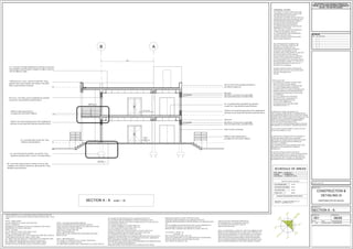 re. concrete slab as per Strc. Eng
details & specifications
re. concrete pad foundation as per Strc. Eng
details & specifications, shown in dotted below
line of re. concrete column plastered & painted,
as per Strc. Eng details & specifications
220mm non-load bearing brick wall, plastered &
painted as per Specialist details & specifications
specifications and details with plaster and paint
finish as per finishes schedule
1000mm high balustrade in
compliance with SANS 10400-D
re. concrete beam plastered & painted,
as per Strc. Eng details & specifications
220mm non-load bearing brick wall, plastered &
painted as per Specialist details & specifications
DETAIL 2
DETAIL 1
precast reinforced concrete lintel.
line of 10mm thick plaster,painted to
architects approval
drip joint
precast reinforced concrete lintel.
drip joint
refer to door schedule
REVISIONS
DATE NO. REVISION
OWNER'S SIGNATURE
06/09
SECTION A - A
CONSTRUCTION &
DETAILING III
PROPOSED OFFICE BLOCK
001
20 OCT 2014
PROJECT TITLE
DRAWING TITLE
PROJECT No. DRAWING No.
SCALE DATE DESIGNED/DRAWN
1:50 Y.SEWPERSAD
NOTES IN RESPECT OF S.A. STANDARD CODE OF PRACTICE FOR THE
APPLICATION OF THE NATIONAL BUILDING REGULATIONS (N.B.R.) SANS
10400
PART D - PUBLIC SAFETY
ALL BALUSTRADES TO COMPLY WITH PART DD2
PART M - STAIRWAYS
DIMENSIONS OF STAIRWAYS TO BE IN ACCORDANCE WITH MM2 &
BALUSTRADES TO COMPLY WITH MM3
PART N - GLAZING
ALL GLAZING TO COMPLY WITH PART N-N.B.R.
PART 0 - LIGHTING AND VENTILATION
ALL AREAS TO BE ARTIFICIALLY LIT IN COMPLIANCE WITH 006, OFFICES &
OTHER HABITAL ROOMS MIN. 350lux, TOILETS 160lux
ALL AREAS TO BE MECHANICALLY VENTILATED IN ACCORDANCE WITH
007 - FRESH AIR TO BE SUPPLIED AT A RATE OF 7,5l/s/p & TO
BE UNIFORMALLY DISTRIBUTED THROUGHOUT HABITAL AREAS.
AIR VELOCITY NOT TO EXCEED 0,5m/s TO OFFICES & SHOPS
PART S - FACILITIES FOR DISABLED PERSONS
RAMPS TO BE PROVIDED IN ACCORDANCE WITH SS2
TOILET FACILITIES TO BE PROVIDED IN ACCORDANCE WITH SS5
PARKING BAYS TO COMPLY WITH SS8
SIGNAGE TO COMPLY WITH SS9
PART U - REFUSE DISPOSAL
REFUSE AREA TO BE CONSTRUCTED & PROVIDED WITH HOSE,
BIBTAP & SUMP
PART T - FIRE PROTECTION
OCCUPANCY CLASSIFICATION TO COMPLY WITH B2 &F2
ALL MATERIALS TO COMPLY WITH TT5
ALL STRUCTURAL ELEMENTS AND COMPONENTS TO COMPLY WITH TT7.
LL OPENINGS TO BE PROTECTED IN COMPLIANCE WITH TT10
ALL ACCESS DOORS TO EMERGENCY ROUTES TO BE SABS CLASS B
2 HOUR RATED. DOORS FIT WITH SELF-CLOSING DEVICE TT10.4 & LOCKS IN
ACCORDANCE WITH TT19.9.
ALL CEILING MATERIALS TO COMPLY WITH TT13
ALL FLOOR COVERINGS TO COMPLY WITH TT14
ALL WALL FINISHES TO COMPLY WITH TT15
LOCKS TO ESCAPE AND ACCESS DOORS TO COMPLY WITH TT19.9
STAIRWAYS FORMING ESCAPE ROUTES TO COMPLY WITH TT23
ALL OPENINGS IN FLOORS TO COMPLY WITH TT26
SIGNAGE TO BE PROVIDED IN ACCORDANCE WITH TT29,TT32, TT55.4 & TT55.5
EMERGENCY ROUTES TO BE LIT IN ACCORDANCE WITH TT30 - DESIGNED BY
PROF. ENGINEER & CERTIFIED ON COMPLETION
FIR DETECTION AND ALARM SYSTEM TO BE PROVIDED IN ACCORDANCE WITH
TT31 - TO BE CERTIFIED BY PROFESSIONAL
SPRINKLER SYSTEM TO BE PROVIDED IN ACCORDANCE WITH TT33/36
FIRE RETICULATION TO COMPLY WITH TT33 & WW5
HYDRANTS TO BE PROVIDED IN ACCORDANCE WITH TT35
PORTABLE FIRE EXTINGUISHES TO BE PROVIDED IN ACCORDANCE WITH
TT37
ANY ACCESSIBLE CONCEALED SPACE WITH A MAX. DIMENSION OF
5M TO BE FIRE STOPPED IN ACCORDANCE WITH TT39
SERVICE PIPES, CONDUITS AND SLEEVES TO COMPLY WITH TT41
OCCUPANCY : OFFICE - G1
STORAGE - J3
FIRE HOSE REELS TO COMPLY WITH TT37
25mm dia. WATER SUPPLY TO ALL FIRE PROTECTION COMPONENTS
3% ROOF VENTILATION TO BE PROVIDED TO N.B.R.
MAX. HEIGHT OF STORAGE = 3M
DRAINAGE NOTES
- ALL WORK IS TO COMPLY TO SANS 10400
- HEAD OF DRAIN IS TO BE VENTED
- ANY DAMAGED FITTINGS TO BE REPLACED
- ALL GULLEY SURROUNDS & MANHOLE
COVERS TO BE 75 mm ABOVE GROUND LEVEL
- SEWER MANHOLES TO BE EXPOSED BEFORE
COMMENCING WORK AND ADJUST LEVELS
ACCORDINGLY
- IE'S TO ALL BENDS AND JUNCTIONS
- SOIL PIPES TO BE 110 diameter PVC
- SEWER UNDER BUILDINGS TO BE
110 mm UPVC RIBBED PTPE
- ANCHOR BLOCKS TO BE USED WHEN
GRADIENTS EXCEED 1:5
FLASHING TO COMPLY WITH PART LL5.2
TWO COURES OF BRICKWORK TO BE REINFORCED
WITH BRICKFORCE BELOW WALL PLATE LEVEL, ABOVE
WINDOW HEAD HEIGHT & BELOW WINDOW CILL LEVEL.
EXTERNAL FACE OF INNER SKIN OF ALL EXTERNAL
WALLS TO BE BAGGED AND WATERPROOFED
WITH TWO COATS OF BITUMEN PAINT.
6.4 mm GYPSUM CEILING BOARDS FIXED TO 38 X 38
BRANDERING AT MAX 300mm CENTRES BOTH WAYS.
375 mic DPC TO BE PROVIDED TO WALLS AT SLAB
LEVEL AND UNDER ALL CILLS.
CONTRACTOR TO ENSURE THAT NO CHANGES IN
LEVELS ARE MADE OVER LOCAL AUTHORITY
SERVITUDES OR UNDER GROUND SERVICES UNLESS
PERMISSION HAS BEEN GIVEN IN WRITING BY
THE LOCAL AUTHORITY.
ANY DISCREPANCIES AND OMISSIONS ARE TO BE
BROUGHT TO THE ARCHITECTS ATTENTION
IMMEDIATELY.
IF ON EXCAVATION THE SITE IS FOUND TO
CONTAIN EXPANSIVE CLAY, SHALE, GROUND WATER
OR OTHER SUSPECT SOIL CONDITIONS : THEN ALL
FOUNDATIONS ARE TO BE BUILT TO PROFESSIONAL
ENGINEERS DETAILS & UNDER HIS SUPERVISION.
NOTE: ALL DIMENSIONS - LEVELS ETC. ARE TO BE VERIFIED ON SITE
PRIOR TO ANY WORK BEING PUT IN HAND AND TO REPORT ANY
DECREPANCIES IMMEDIATELY TO THE ARCHITECT.ALL MATERIALS
AND LABOUR PRACTICE IS TO COMPLY WITH PART-B OF SANS
10400 AND NATIONAL BUILDING REGULATIONS.THIS DRAWING
OR ANY PORTION THEREOF IS RESERVED BY THE ARCHITECT AND
MUST NOTBE RE-PRODUCED IN ANY FORM WITHOUT CONSENT
SUB-FLOOR AND FOUNDATION TRENCHES TO
BE POISONED WITH "CLORODANE" SOLUTION
IN ACCORDANCE WITH SABS CODES OF
PRACTICE BY SPECIALIST.
SECTION A - A scale 1 : 50
GENERAL NOTES
ALL WORK TO COMPLY WITH SANS 10400.
CORNER BEACONS TO BE LOCATED AND
EXPOSED BEFORE WORK ON SITE
COMMENCES.CONTRACTOR TO CHECK ALL
DIMENSIONS AND LEVELS (SCHEDULES AND
DETAILS) BEFORE THE RELEVANT WORK IS
PLACED IN HAND AND REPORT ANY
DISCREPANCIES TO THE ARCHITECT.
ALL WRITTEN DIMENSIONS TO BE TAKEN IN
PREFERENCE TO SCALING.
SOIL TO BE WELL COMPACTED BEHIND IN
LAYERS NOT EXCEEDING 150 mm.
ALL FOUNDATIONS TO BE TAKEN BELOW
NATURAL GROUND LEVEL.
NO BACK FILLING OF OVER EXCAVATED
AREAS WILLBE PERMITTED.
THE CONTRACTOR IS TO INSPECT THE
OFFICIAL APPROVED COPIES OF THE
DRAWINGS TO ENSURE THAT ALL
AMENDMENTS HAVE BEEN TAKEN INTO
ACCOUNT .THE ATTENTION OF THE
OWNER/CONTACTORIS DRAWN TO THE FACT
THAT CHANGERS TO THE PLAN&/OR
SPECIFICATION AFTER OFFICIAL APPROVAL
IS LIKELY TO INVALIDATE THAT APPROVAL.
ALL EARTHWORKS TO BE CONTAINED WITHIN
SITE BOUNDARIES & WITHIN 1.0 m OF ANY of
ANY BOUNDARY.BANKS TO BE CUT AT A
MAXIMUM OF 26 degrees.
NATURAL GROUND LINE IN APPROXIMATE
POSITION ONLY & NO CLAIM CAN BE MADE
FOR ANY DISCREPANCIES
ON SITE.
SCHEDULE OF AREAS
SITE AREA 14.450 sq.m.
ZONING COMMERCIAL
COVERAGE 0.039% OF 13773
P R O P O S E D W O R K
PARKING REQUIREMENT/PROVISION
F.A.R GROUND AREA 274.94
F.A.R FIRST FLOOR AREA 274.94
F.A.R ROOF AREA 274.94
TOTAL F.A.R 824.82
INDUSTRIAL - 1 Loading bay/1000sq.m (G.L.A.)
OFFICES - 1 bays/100sq.m. (G.L.A.)
WAITING
AREA
31.900
CERAMIC TILES
OFFICE AREA
NON SLIP PORCELAIN TILES
THIS DRAWING IS THE COPYRIGHT INTERLECTUAL
PROPERTY OF YOLANDA SEWPERSAD CANDIDATES CC.
AND MAY NOT BE COPIED, SHARED OR REPRODUCED
WITHOUT THE WRITTEN CONSENT.
 