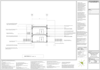 OFFICE AREA
NON SLIP PORCELAIN TILES
31.900
OFFICE AREA
NON SLIP PORCELAIN TILES
REVISIONS
DATE NO. REVISION
OWNER'S SIGNATURE
07/09
SECTION B -B
CONSTRUCTION &
DETAILING III
PROPOSED OFFICE BLOCK
001
20 OCT 2014
PROJECT TITLE
DRAWING TITLE
PROJECT No. DRAWING No.
SCALE DATE DESIGNED/DRAWN
1:50 Y.SEWPERSAD
NOTES IN RESPECT OF S.A. STANDARD CODE OF PRACTICE FOR THE
APPLICATION OF THE NATIONAL BUILDING REGULATIONS (N.B.R.) SANS
10400
PART D - PUBLIC SAFETY
ALL BALUSTRADES TO COMPLY WITH PART DD2
PART M - STAIRWAYS
DIMENSIONS OF STAIRWAYS TO BE IN ACCORDANCE WITH MM2 &
BALUSTRADES TO COMPLY WITH MM3
PART N - GLAZING
ALL GLAZING TO COMPLY WITH PART N-N.B.R.
PART 0 - LIGHTING AND VENTILATION
ALL AREAS TO BE ARTIFICIALLY LIT IN COMPLIANCE WITH 006, OFFICES &
OTHER HABITAL ROOMS MIN. 350lux, TOILETS 160lux
ALL AREAS TO BE MECHANICALLY VENTILATED IN ACCORDANCE WITH
007 - FRESH AIR TO BE SUPPLIED AT A RATE OF 7,5l/s/p & TO
BE UNIFORMALLY DISTRIBUTED THROUGHOUT HABITAL AREAS.
AIR VELOCITY NOT TO EXCEED 0,5m/s TO OFFICES & SHOPS
PART S - FACILITIES FOR DISABLED PERSONS
RAMPS TO BE PROVIDED IN ACCORDANCE WITH SS2
TOILET FACILITIES TO BE PROVIDED IN ACCORDANCE WITH SS5
PARKING BAYS TO COMPLY WITH SS8
SIGNAGE TO COMPLY WITH SS9
PART U - REFUSE DISPOSAL
REFUSE AREA TO BE CONSTRUCTED & PROVIDED WITH HOSE,
BIBTAP & SUMP
PART T - FIRE PROTECTION
OCCUPANCY CLASSIFICATION TO COMPLY WITH B2 &F2
ALL MATERIALS TO COMPLY WITH TT5
ALL STRUCTURAL ELEMENTS AND COMPONENTS TO COMPLY WITH TT7.
LL OPENINGS TO BE PROTECTED IN COMPLIANCE WITH TT10
ALL ACCESS DOORS TO EMERGENCY ROUTES TO BE SABS CLASS B
2 HOUR RATED. DOORS FIT WITH SELF-CLOSING DEVICE TT10.4 & LOCKS IN
ACCORDANCE WITH TT19.9.
ALL CEILING MATERIALS TO COMPLY WITH TT13
ALL FLOOR COVERINGS TO COMPLY WITH TT14
ALL WALL FINISHES TO COMPLY WITH TT15
LOCKS TO ESCAPE AND ACCESS DOORS TO COMPLY WITH TT19.9
STAIRWAYS FORMING ESCAPE ROUTES TO COMPLY WITH TT23
ALL OPENINGS IN FLOORS TO COMPLY WITH TT26
SIGNAGE TO BE PROVIDED IN ACCORDANCE WITH TT29,TT32, TT55.4 & TT55.5
EMERGENCY ROUTES TO BE LIT IN ACCORDANCE WITH TT30 - DESIGNED BY
PROF. ENGINEER & CERTIFIED ON COMPLETION
FIR DETECTION AND ALARM SYSTEM TO BE PROVIDED IN ACCORDANCE WITH
TT31 - TO BE CERTIFIED BY PROFESSIONAL
SPRINKLER SYSTEM TO BE PROVIDED IN ACCORDANCE WITH TT33/36
FIRE RETICULATION TO COMPLY WITH TT33 & WW5
HYDRANTS TO BE PROVIDED IN ACCORDANCE WITH TT35
PORTABLE FIRE EXTINGUISHES TO BE PROVIDED IN ACCORDANCE WITH
TT37
ANY ACCESSIBLE CONCEALED SPACE WITH A MAX. DIMENSION OF
5M TO BE FIRE STOPPED IN ACCORDANCE WITH TT39
SERVICE PIPES, CONDUITS AND SLEEVES TO COMPLY WITH TT41
OCCUPANCY : OFFICE - G1
STORAGE - J3
FIRE HOSE REELS TO COMPLY WITH TT37
25mm dia. WATER SUPPLY TO ALL FIRE PROTECTION COMPONENTS
3% ROOF VENTILATION TO BE PROVIDED TO N.B.R.
MAX. HEIGHT OF STORAGE = 3M
DRAINAGE NOTES
- ALL WORK IS TO COMPLY TO SANS 10400
- HEAD OF DRAIN IS TO BE VENTED
- ANY DAMAGED FITTINGS TO BE REPLACED
- ALL GULLEY SURROUNDS & MANHOLE
COVERS TO BE 75 mm ABOVE GROUND LEVEL
- SEWER MANHOLES TO BE EXPOSED BEFORE
COMMENCING WORK AND ADJUST LEVELS
ACCORDINGLY
- IE'S TO ALL BENDS AND JUNCTIONS
- SOIL PIPES TO BE 110 diameter PVC
- SEWER UNDER BUILDINGS TO BE
110 mm UPVC RIBBED PTPE
- ANCHOR BLOCKS TO BE USED WHEN
GRADIENTS EXCEED 1:5
FLASHING TO COMPLY WITH PART LL5.2
TWO COURES OF BRICKWORK TO BE REINFORCED
WITH BRICKFORCE BELOW WALL PLATE LEVEL, ABOVE
WINDOW HEAD HEIGHT & BELOW WINDOW CILL LEVEL.
EXTERNAL FACE OF INNER SKIN OF ALL EXTERNAL
WALLS TO BE BAGGED AND WATERPROOFED
WITH TWO COATS OF BITUMEN PAINT.
6.4 mm GYPSUM CEILING BOARDS FIXED TO 38 X 38
BRANDERING AT MAX 300mm CENTRES BOTH WAYS.
375 mic DPC TO BE PROVIDED TO WALLS AT SLAB
LEVEL AND UNDER ALL CILLS.
CONTRACTOR TO ENSURE THAT NO CHANGES IN
LEVELS ARE MADE OVER LOCAL AUTHORITY
SERVITUDES OR UNDER GROUND SERVICES UNLESS
PERMISSION HAS BEEN GIVEN IN WRITING BY
THE LOCAL AUTHORITY.
ANY DISCREPANCIES AND OMISSIONS ARE TO BE
BROUGHT TO THE ARCHITECTS ATTENTION
IMMEDIATELY.
IF ON EXCAVATION THE SITE IS FOUND TO
CONTAIN EXPANSIVE CLAY, SHALE, GROUND WATER
OR OTHER SUSPECT SOIL CONDITIONS : THEN ALL
FOUNDATIONS ARE TO BE BUILT TO PROFESSIONAL
ENGINEERS DETAILS & UNDER HIS SUPERVISION.
NOTE: ALL DIMENSIONS - LEVELS ETC. ARE TO BE VERIFIED ON SITE
PRIOR TO ANY WORK BEING PUT IN HAND AND TO REPORT ANY
DECREPANCIES IMMEDIATELY TO THE ARCHITECT.ALL MATERIALS
AND LABOUR PRACTICE IS TO COMPLY WITH PART-B OF SANS
10400 AND NATIONAL BUILDING REGULATIONS.THIS DRAWING
OR ANY PORTION THEREOF IS RESERVED BY THE ARCHITECT AND
MUST NOTBE RE-PRODUCED IN ANY FORM WITHOUT CONSENT
SUB-FLOOR AND FOUNDATION TRENCHES TO
BE POISONED WITH "CLORODANE" SOLUTION
IN ACCORDANCE WITH SABS CODES OF
PRACTICE BY SPECIALIST.
SECTION B - B scale 1 : 50
GENERAL NOTES
ALL WORK TO COMPLY WITH SANS 10400.
CORNER BEACONS TO BE LOCATED AND
EXPOSED BEFORE WORK ON SITE
COMMENCES.CONTRACTOR TO CHECK ALL
DIMENSIONS AND LEVELS (SCHEDULES AND
DETAILS) BEFORE THE RELEVANT WORK IS
PLACED IN HAND AND REPORT ANY
DISCREPANCIES TO THE ARCHITECT.
ALL WRITTEN DIMENSIONS TO BE TAKEN IN
PREFERENCE TO SCALING.
SOIL TO BE WELL COMPACTED BEHIND IN
LAYERS NOT EXCEEDING 150 mm.
ALL FOUNDATIONS TO BE TAKEN BELOW
NATURAL GROUND LEVEL.
NO BACK FILLING OF OVER EXCAVATED
AREAS WILLBE PERMITTED.
THE CONTRACTOR IS TO INSPECT THE
OFFICIAL APPROVED COPIES OF THE
DRAWINGS TO ENSURE THAT ALL
AMENDMENTS HAVE BEEN TAKEN INTO
ACCOUNT .THE ATTENTION OF THE
OWNER/CONTACTORIS DRAWN TO THE FACT
THAT CHANGERS TO THE PLAN&/OR
SPECIFICATION AFTER OFFICIAL APPROVAL
IS LIKELY TO INVALIDATE THAT APPROVAL.
ALL EARTHWORKS TO BE CONTAINED WITHIN
SITE BOUNDARIES & WITHIN 1.0 m OF ANY of
ANY BOUNDARY.BANKS TO BE CUT AT A
MAXIMUM OF 26 degrees.
NATURAL GROUND LINE IN APPROXIMATE
POSITION ONLY & NO CLAIM CAN BE MADE
FOR ANY DISCREPANCIES
ON SITE.
SCHEDULE OF AREAS
SITE AREA 14.450 sq.m.
ZONING COMMERCIAL
COVERAGE 0.039% OF 13773
P R O P O S E D W O R K
PARKING REQUIREMENT/PROVISION
F.A.R GROUND AREA 274.94
F.A.R FIRST FLOOR AREA 274.94
F.A.R ROOF AREA 274.94
TOTAL F.A.R 824.82
INDUSTRIAL - 1 Loading bay/1000sq.m (G.L.A.)
OFFICES - 1 bays/100sq.m. (G.L.A.)
THIS DRAWING IS THE COPYRIGHT INTERLECTUAL
PROPERTY OF YOLANDA SEWPERSAD CANDIDATES CC.
AND MAY NOT BE COPIED, SHARED OR REPRODUCED
WITHOUT THE WRITTEN CONSENT.
aluminium sun louvre by specialist
 