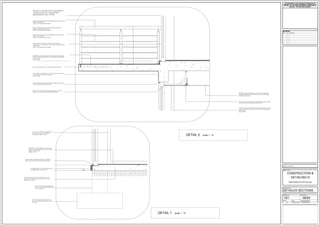 Line of re. concrete column plastered &
painted as per Strc. Eng. details &
specifications Colour : White
details & specifications
Colour : Gun Metal Grey (RAL 9006)
Specialist details & specifications
Colour : Gun Metal Grey (RAL 9006)
Glazed aluminium shopfront with top hung openings &
waterproofing, to be powder coated as per Specialist details &
specifications
Colour : Gun Metal Grey (RAL 9006)
600x600mm non-slip porcelain tiles laid on 20mm thick screed
laid to fall, with expansion joints as per Specialist details details
& specifications
Colour : White
Re. concrete slab as per Strc. Eng details & specifications
12mm plaster to be skimmed to a smooth surface & to painted
as per Specialist details & specifications
Colour : White
REVISIONS
DATE NO. REVISION
OWNER'S SIGNATURE
08/09
DETAILED SECTIONS
CONSTRUCTION &
DETAILING III
PROPOSED OFFICE BLOCK
001
20 OCT 2014
PROJECT TITLE
DRAWING TITLE
PROJECT No. DRAWING No.
SCALE DATE DESIGNED/DRAWN
1:10 Y.SEWPERSAD
DETAIL 1 scale 1 : 10
DETAIL 2 scale 1 : 10
THIS DRAWING IS THE COPYRIGHT INTERLECTUAL
PROPERTY OF YOLANDA SEWPERSAD CANDIDATES CC.
AND MAY NOT BE COPIED, SHARED OR REPRODUCED
WITHOUT THE WRITTEN CONSENT.
 