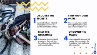 1
DISCOVER THE
SECRETS
Explore the lush, vibrant
forest and uncover the
mysteries that lie within.
3
MEET THE
CREATURES
Encounter the mythical
creatures that call the
forest home, from talking
animals to fairies.
4
UNCOVER THE
MAGIC
Learn about the powerful
magic that pervades the
forest and how it affects
all who enter.
2
FIND YOUR OWN
PATH
Choose your own path
through the forest, and
see where it takes you.
 