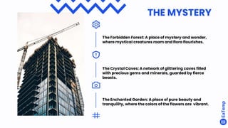 The Forbidden Forest: A place of mystery and wonder,
where mystical creatures roam and flora flourishes.
The Crystal Caves: A network of glittering caves filled
with precious gems and minerals, guarded by fierce
beasts.
The Enchanted Garden: A place of pure beauty and
tranquility, where the colors of the flowers are vibrant.
THE MYSTERY
 