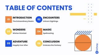 TABLE OF CONTENTS
01
INTRODUCTION
The Extraordinary Realm
02
ENCOUNTERS
Unicorn Sightings
03
WONDERS
Wishes Granted
04
MAGIC
Spellcasting
05
ADVENTURE
Happily Ever After
06
CONCLUSION
Embrace the Fantasy
 