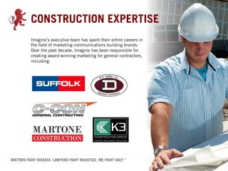 CONSTRUCTION EXPERTISE
Imagine’s executive team has spent their entire careers in
the field of marketing communications building brands.
Over the past decade, Imagine has been responsible for
creating award-winning marketing for general contractors,
including:
 