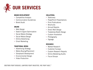 OUR SERVICES
BRAND DEVELOPMENT               COLLATERAL
•  Competitive Analysis         •  Stationery
•  Communication Guidelines     •  PowerPoint Presentations
•  Brand Audit                  •  Print Publications
                                •  Brochures
ONLINE                          •  Annual Reports
•  Web Design                   •  Direct Mail Design
•  Search Engine Optimization   •  Tradeshow Booth Design
•  Social Media Strategy        •  Custom Illustration
•  Social Media Design          •  Photography
•  Online Advertising           •  Signage
•  Email Marketing
                                RESEARCH
TRADITIONAL MEDIA               •  Market Research
•  Advertising Strategy         •  Customer Surveys
•  Media Buying/Placement       •  Custom Research Reports
•  Storyboard Development       •  Online Marketing Audits
•  Environmental Design         •  Focus Groups
•  Video Production
 