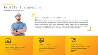 10
Construction Presentation
Profile Statement’s
Replace your short text in here
Great Structure Is Different
Think
Lorem ipsum dolor sit amet, consectetuer adipiscing elit, sed diam nonummy nibh
euismod tincidunt ut laoreet dolore magna aliquam erat volutpat. Ut wisi enim ad minim
veniam, quis nostrud exerci tation ullamcorper suscipit lobortis nisl ut aliquip ex ea
commodo consequat. Ut wisi enim ad minim veniam, quis nostrud exerci tation
ullamcorper suscipit lobortis nisl ut aliquip ex ea commodo consequat. Lorem
LOREM & IPSUM
Lorem ipsum dolor sit amet,
consectetuer adipiscing elit.
Our Service
LOREM & IPSUM
Lorem ipsum dolor sit amet,
consectetuer adipiscing elit.
Our Service
LOREM & IPSUM
Lorem ipsum dolor sit amet,
consectetuer adipiscing elit.
Our Service
 
