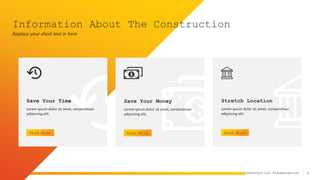 4
Construction Presentation
Information About The Construction
Replace your short text in here
Save Your Time
Lorem ipsum dolor sit amet, consectetuer
adipiscing elit.
Read More
Save Your Money
Lorem ipsum dolor sit amet, consectetuer
adipiscing elit.
Read More
Stretch Location
Lorem ipsum dolor sit amet, consectetuer
adipiscing elit.
Read More
 