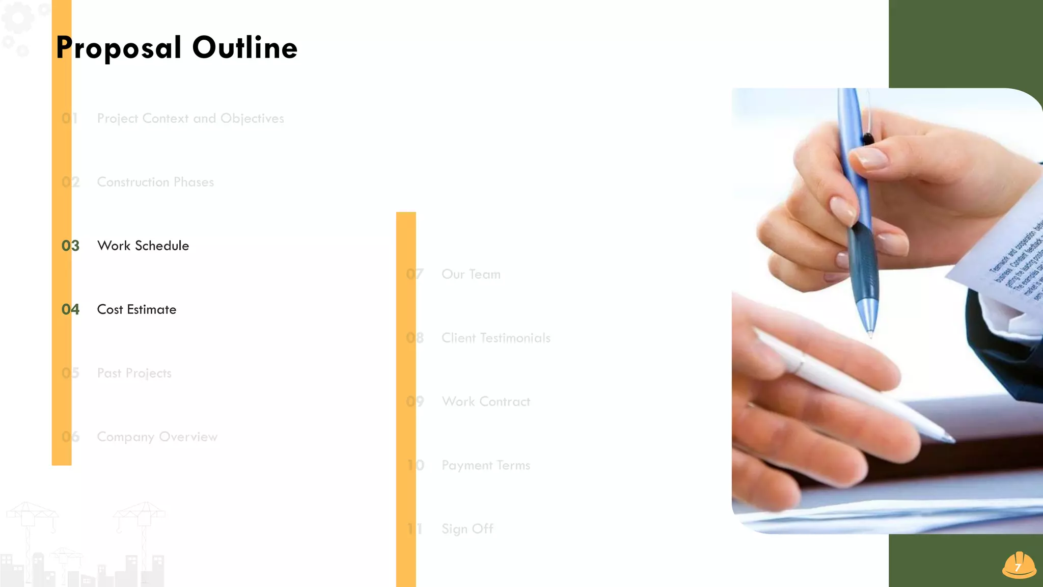 Work Schedule03
Cost Estimate04
Proposal Outline
7
 