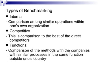 Types of Benchmarking Internal - Comparison among similar operations within one’s own organization Competitive - This is comparison to the best of the direct competitors Functional - Comparison of the methods with the companies with similar processes in the same function outside one’s country 