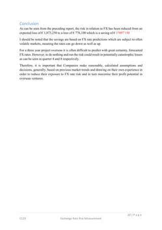 20 | P a g e
C123 Exchange Rate Risk Measurement
Conclusion
As can be seen from the preceding report, the risk in relation to FX has been reduced from an
expected loss of € 1,873,250 to a loss of € 776,100 which is a saving of € 1’097’150
I should be noted that the savings are based on FX rate predictions which are subject to often
volatile markets, meaning the rates can go down as well as up.
For a three year project overseas it is often difficult to predict with great certainty, forecasted
FX rates. However, to do nothing and run the risk could result in potentially catastrophic losses
as can be seen in quarter 4 and 8 respectively.
Therefore, it is important that Companies make reasonable, calculated assumptions and
decisions, generally, based on previous market trends and drawing on their own experience in
order to reduce their exposure to FX rate risk and in turn maximise their profit potential in
overseas ventures.
 