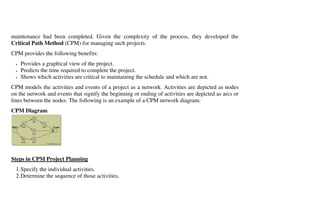 maintenance had been completed. Given the complexity of the process, they developed the
Critical Path Method (CPM) for managing such projects.
CPM provides the following benefits:
  •   Provides a graphical view of the project.
  •   Predicts the time required to complete the project.
  •   Shows which activities are critical to maintaining the schedule and which are not.
CPM models the activities and events of a project as a network. Activities are depicted as nodes
on the network and events that signify the beginning or ending of activities are depicted as arcs or
lines between the nodes. The following is an example of a CPM network diagram:
CPM Diagram




Steps in CPM Project Planning
  1. Specify the individual activities.
  2. Determine the sequence of those activities.
 