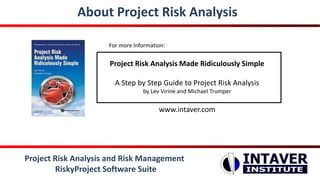 Project Risk Analysis and Risk Management
RiskyProject Software Suite
About Project Risk Analysis
For more Information:
Project Risk Analysis Made Ridiculously Simple
A Step by Step Guide to Project Risk Analysis
by Lev Virine and Michael Trumper
www.intaver.com
 