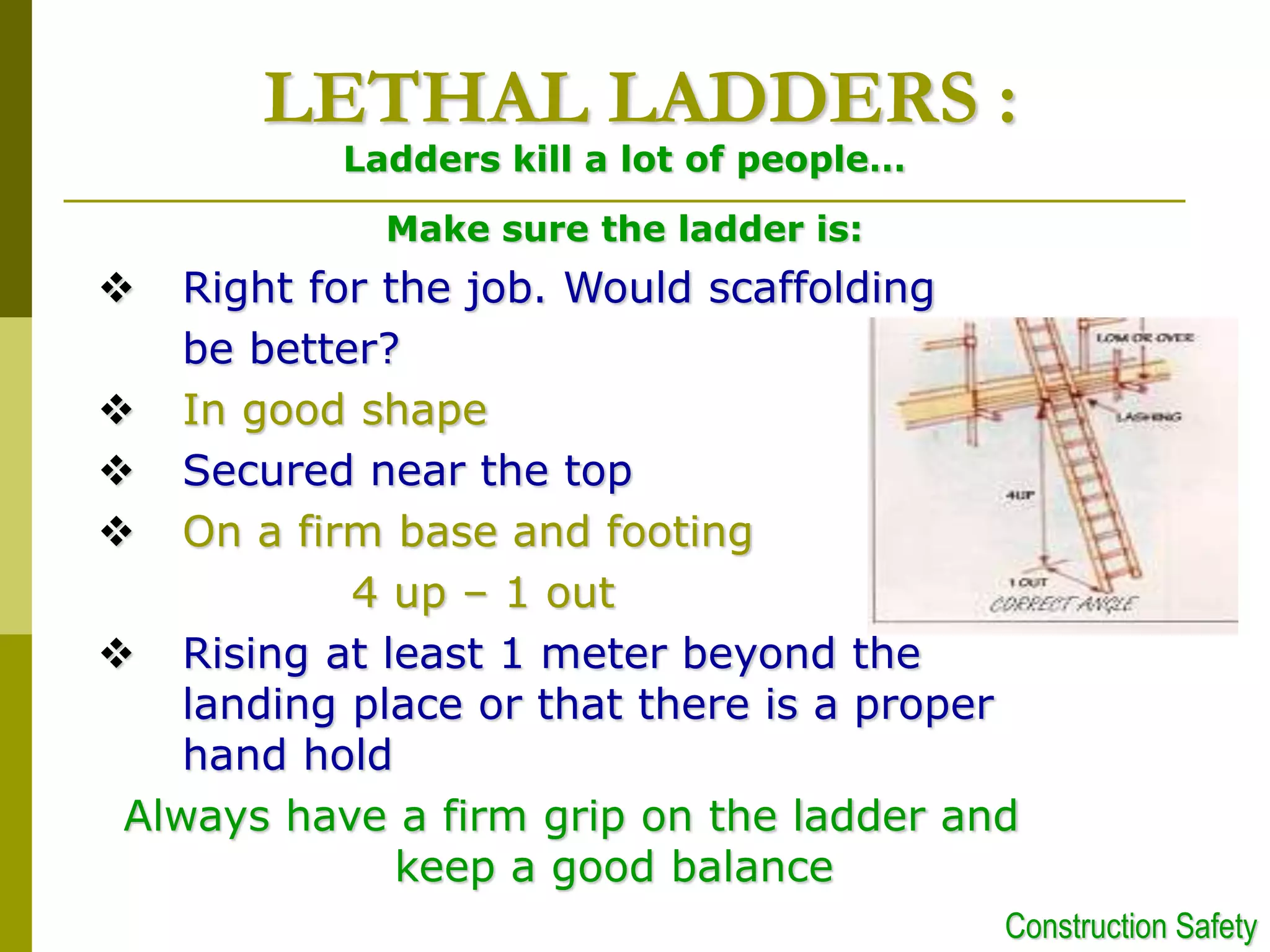  Right for the job. Would scaffolding
be better?
 In good shape
 Secured near the top
 On a firm base and footing
4 up – 1 out
 Rising at least 1 meter beyond the
landing place or that there is a proper
hand hold
Always have a firm grip on the ladder and
keep a good balance
LETHAL LADDERS :
Ladders kill a lot of people…
Make sure the ladder is:
Construction Safety
 