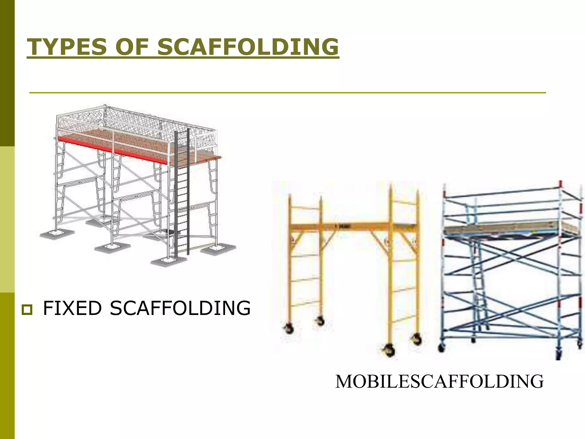TYPES OF SCAFFOLDING
 FIXED SCAFFOLDING
MOBILESCAFFOLDING
 