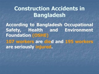 Construction Accidents in
Bangladesh
According to Bangladesh Occupational
Safety, Health and Environment
Foundation (OSHE)
107 workers are died and 195 workers
are seriously injured.
 