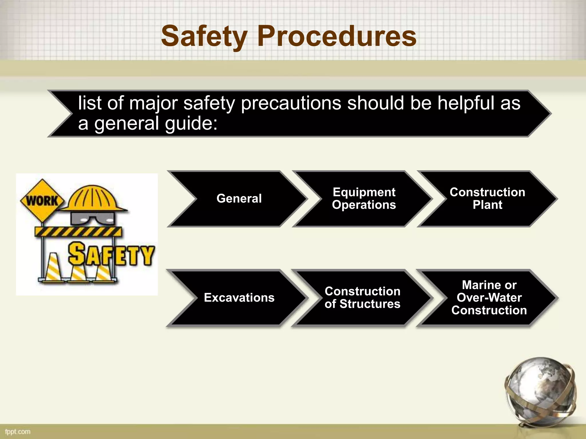 Safety Procedures
General
Equipment
Operations
Construction
Plant
Excavations
Construction
of Structures
Marine or
Over-Water
Construction
list of major safety precautions should be helpful as
a general guide:
 
