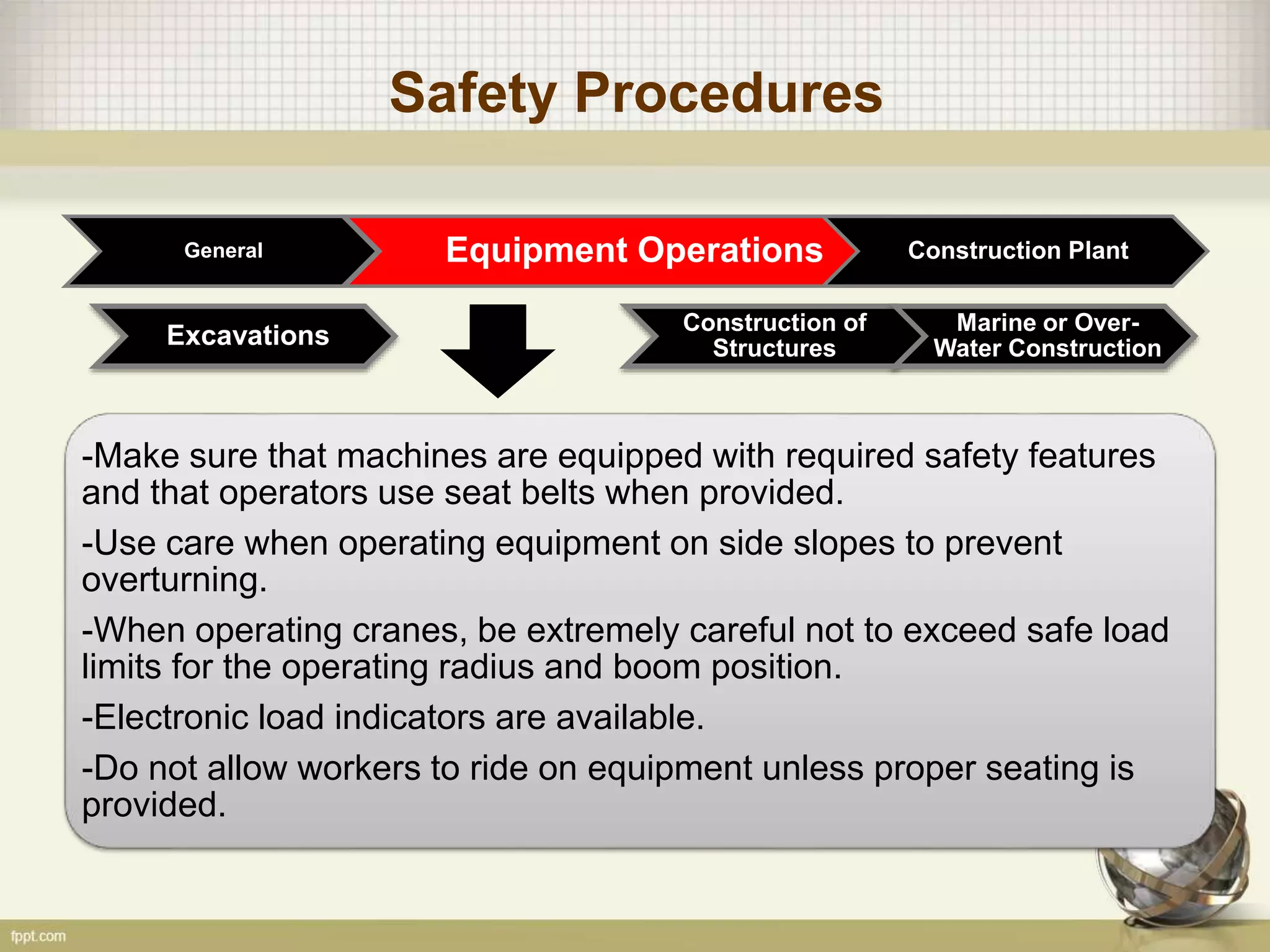 Safety Procedures
General Equipment Operations Construction Plant
Construction of
Structures
Marine or Over-
Water ConstructionExcavations
-Make sure that machines are equipped with required safety features
and that operators use seat belts when provided.
-Use care when operating equipment on side slopes to prevent
overturning.
-When operating cranes, be extremely careful not to exceed safe load
limits for the operating radius and boom position.
-Electronic load indicators are available.
-Do not allow workers to ride on equipment unless proper seating is
provided.
 