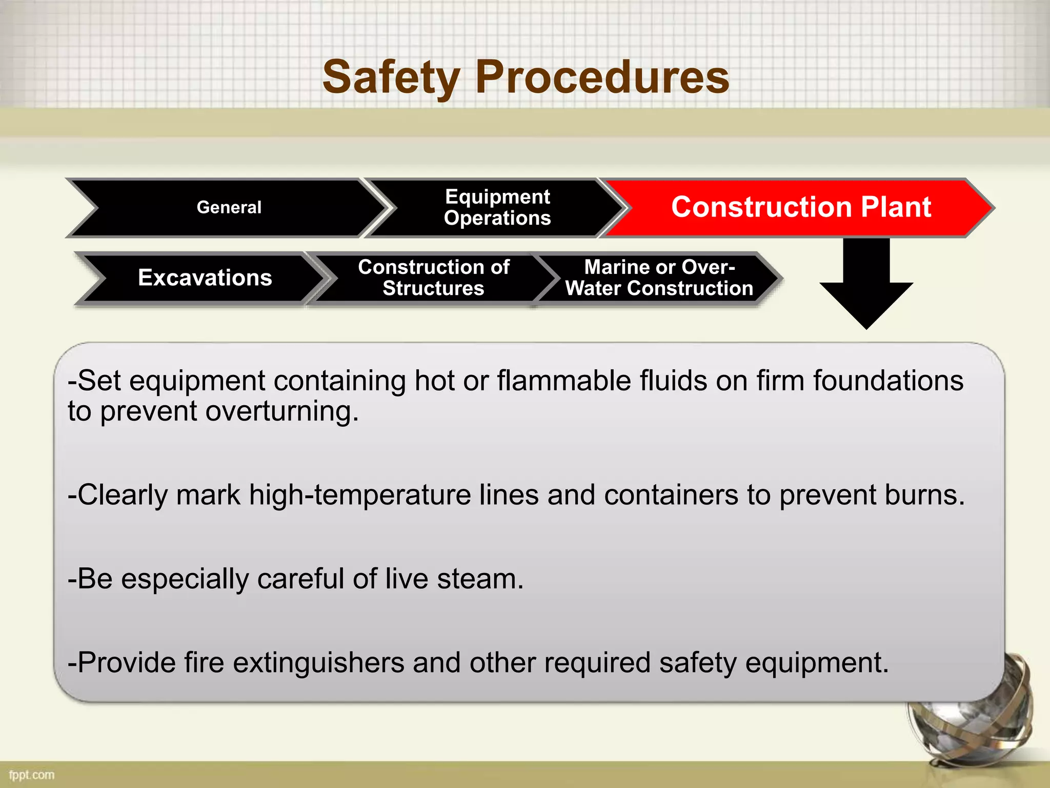 Safety Procedures
General
Construction of
Structures
Marine or Over-
Water ConstructionExcavations
Equipment
Operations Construction Plant
-Set equipment containing hot or flammable fluids on firm foundations
to prevent overturning.
-Clearly mark high-temperature lines and containers to prevent burns.
-Be especially careful of live steam.
-Provide fire extinguishers and other required safety equipment.
 