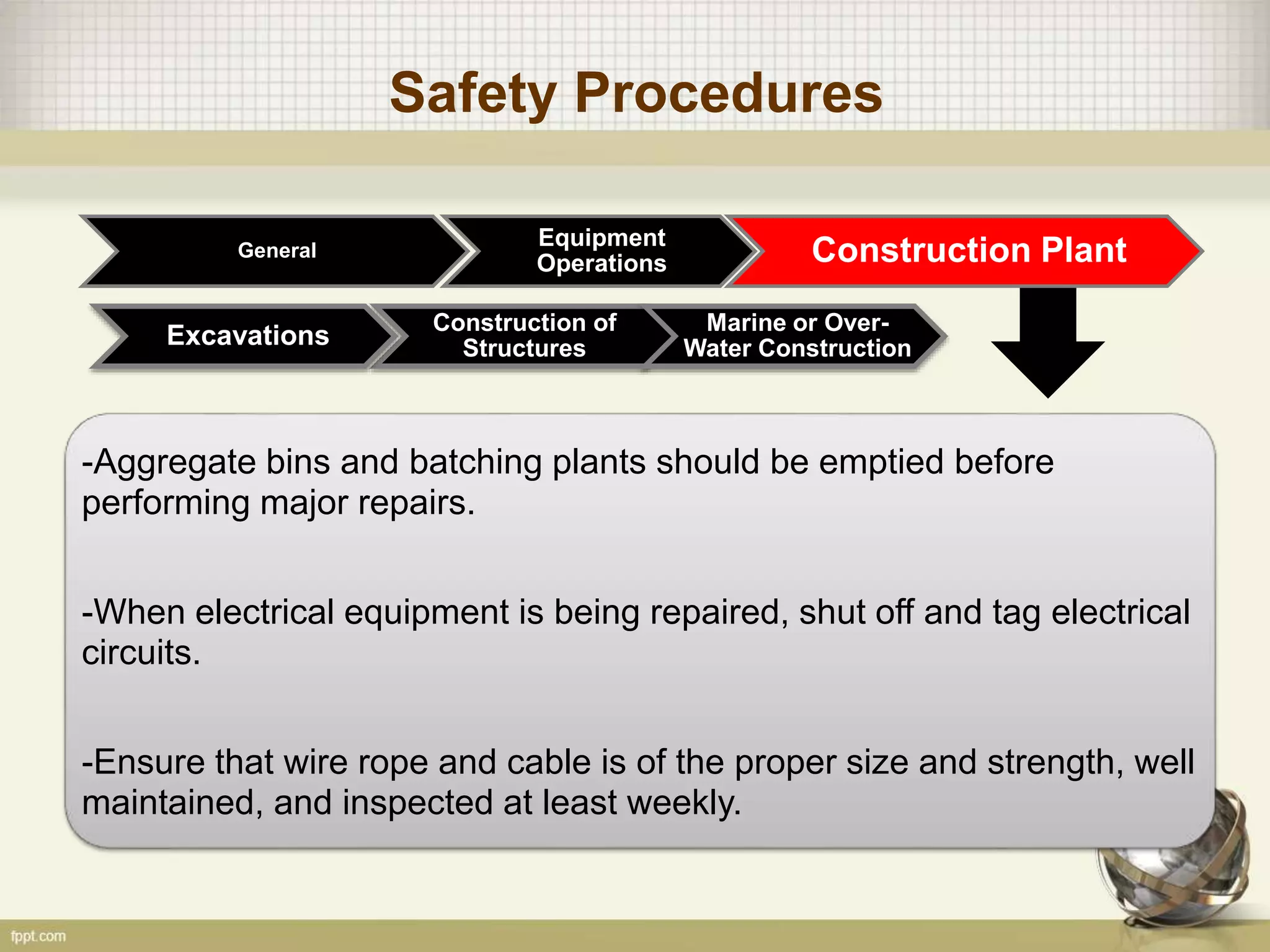 Safety Procedures
General
Construction of
Structures
Marine or Over-
Water ConstructionExcavations
Equipment
Operations Construction Plant
-Aggregate bins and batching plants should be emptied before
performing major repairs.
-When electrical equipment is being repaired, shut off and tag electrical
circuits.
-Ensure that wire rope and cable is of the proper size and strength, well
maintained, and inspected at least weekly.
 