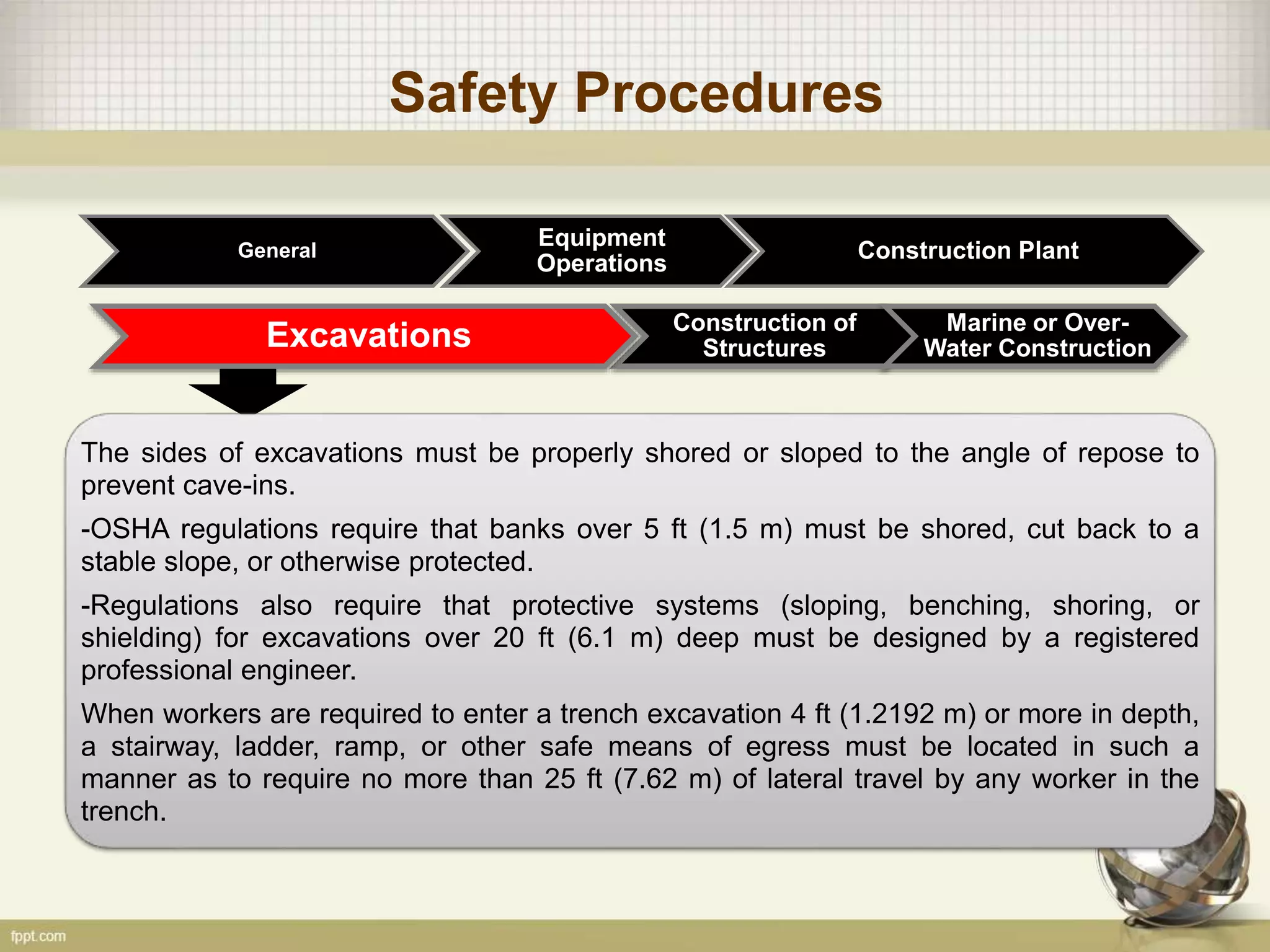 Safety Procedures
General
Construction of
Structures
Marine or Over-
Water ConstructionExcavations
Equipment
Operations
Construction Plant
The sides of excavations must be properly shored or sloped to the angle of repose to
prevent cave-ins.
-OSHA regulations require that banks over 5 ft (1.5 m) must be shored, cut back to a
stable slope, or otherwise protected.
-Regulations also require that protective systems (sloping, benching, shoring, or
shielding) for excavations over 20 ft (6.1 m) deep must be designed by a registered
professional engineer.
When workers are required to enter a trench excavation 4 ft (1.2192 m) or more in depth,
a stairway, ladder, ramp, or other safe means of egress must be located in such a
manner as to require no more than 25 ft (7.62 m) of lateral travel by any worker in the
trench.
 