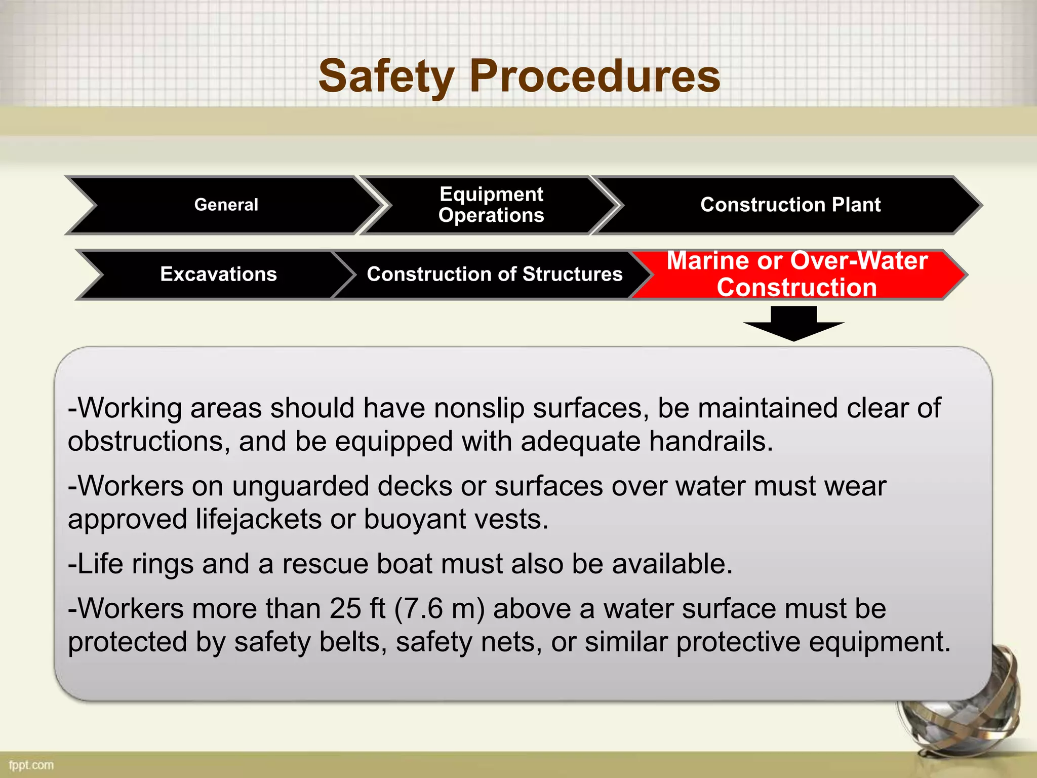 Safety Procedures
General
Construction of Structures
Marine or Over-Water
Construction
Excavations
Equipment
Operations
Construction Plant
-Working areas should have nonslip surfaces, be maintained clear of
obstructions, and be equipped with adequate handrails.
-Workers on unguarded decks or surfaces over water must wear
approved lifejackets or buoyant vests.
-Life rings and a rescue boat must also be available.
-Workers more than 25 ft (7.6 m) above a water surface must be
protected by safety belts, safety nets, or similar protective equipment.
 