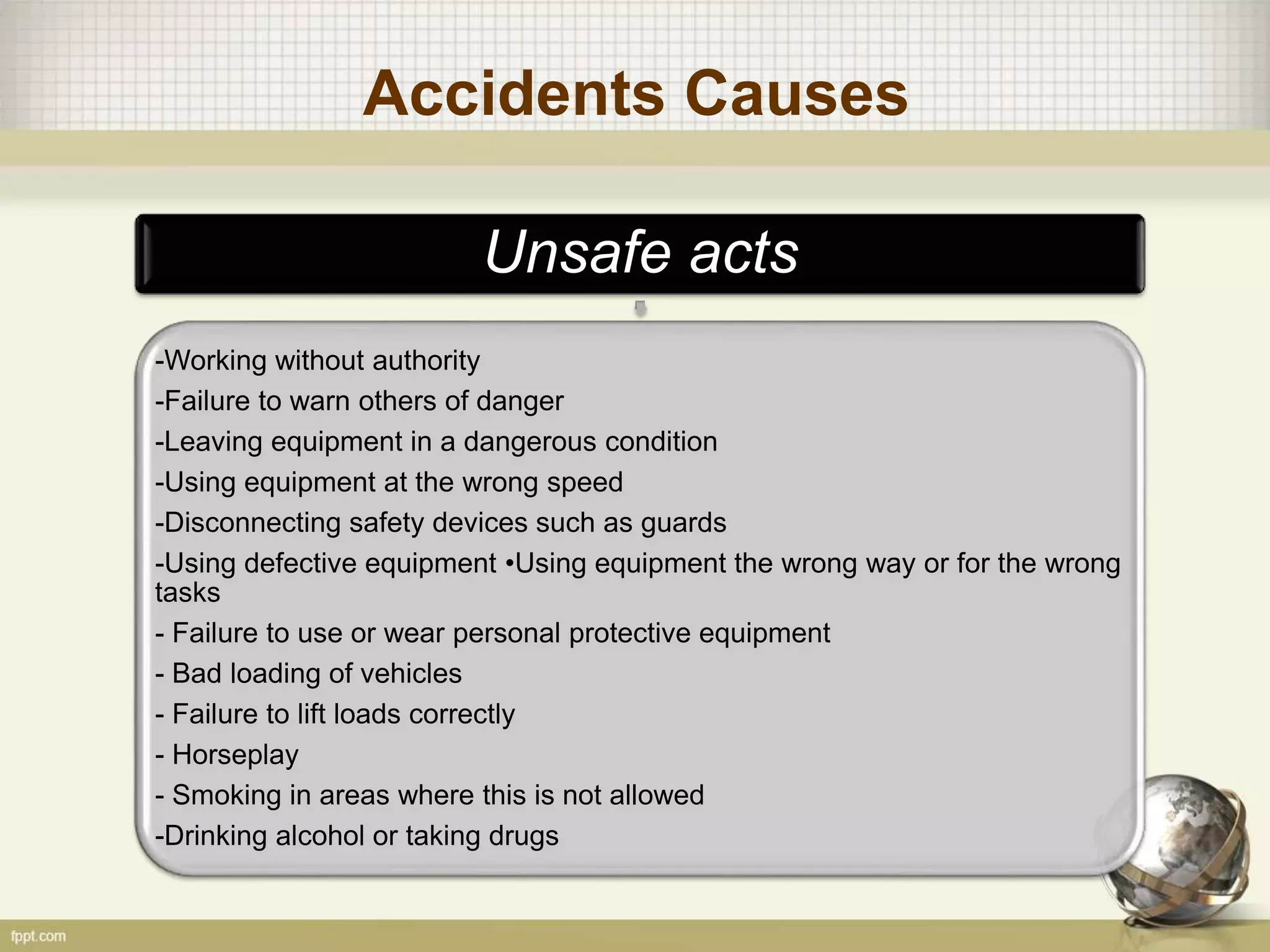 Accidents Causes
Unsafe acts
-Working without authority
-Failure to warn others of danger
-Leaving equipment in a dangerous condition
-Using equipment at the wrong speed
-Disconnecting safety devices such as guards
-Using defective equipment •Using equipment the wrong way or for the wrong
tasks
- Failure to use or wear personal protective equipment
- Bad loading of vehicles
- Failure to lift loads correctly
- Horseplay
- Smoking in areas where this is not allowed
-Drinking alcohol or taking drugs
 
