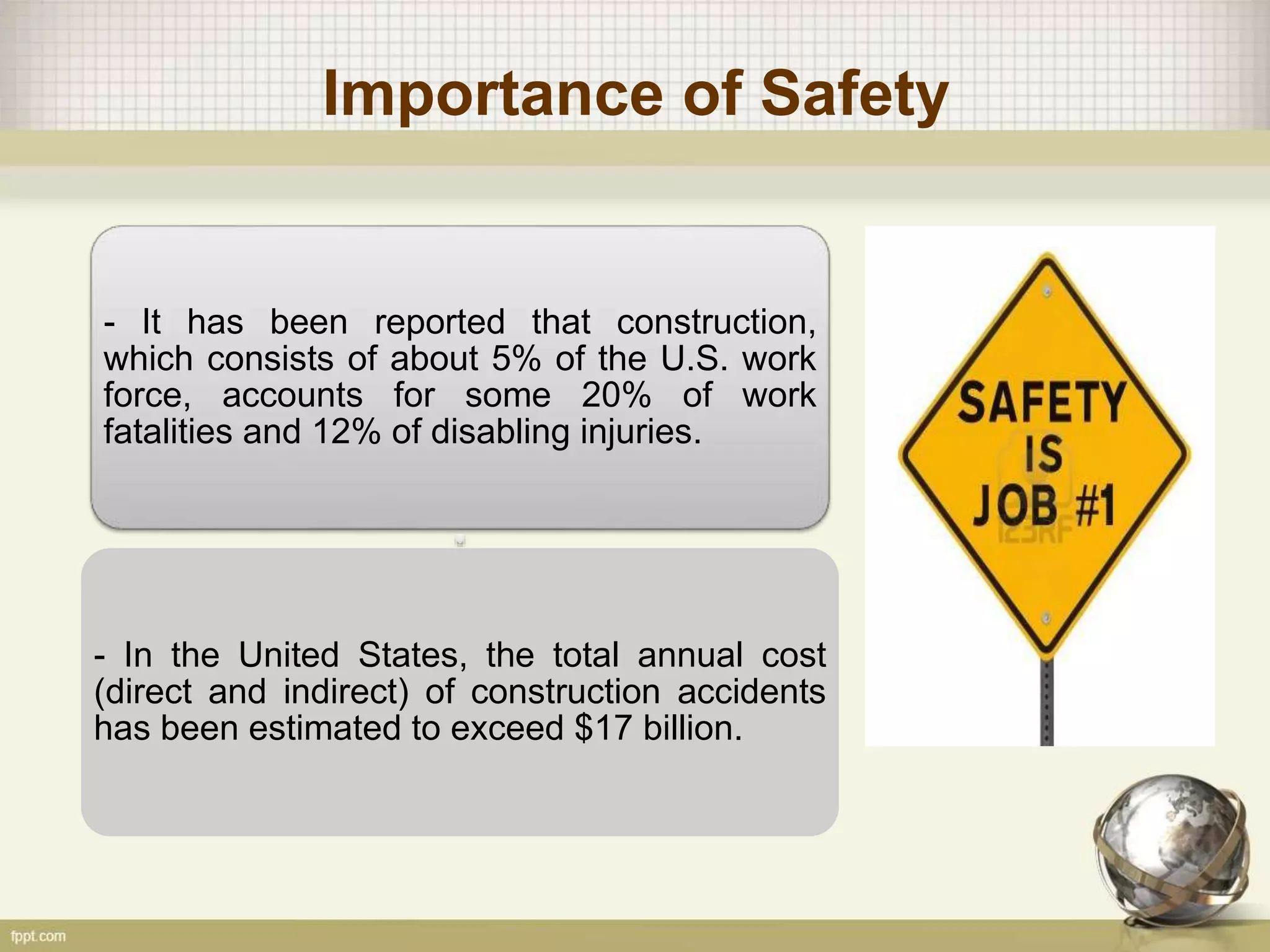 Importance of Safety
- It has been reported that construction,
which consists of about 5% of the U.S. work
force, accounts for some 20% of work
fatalities and 12% of disabling injuries.
- In the United States, the total annual cost
(direct and indirect) of construction accidents
has been estimated to exceed $17 billion.
 