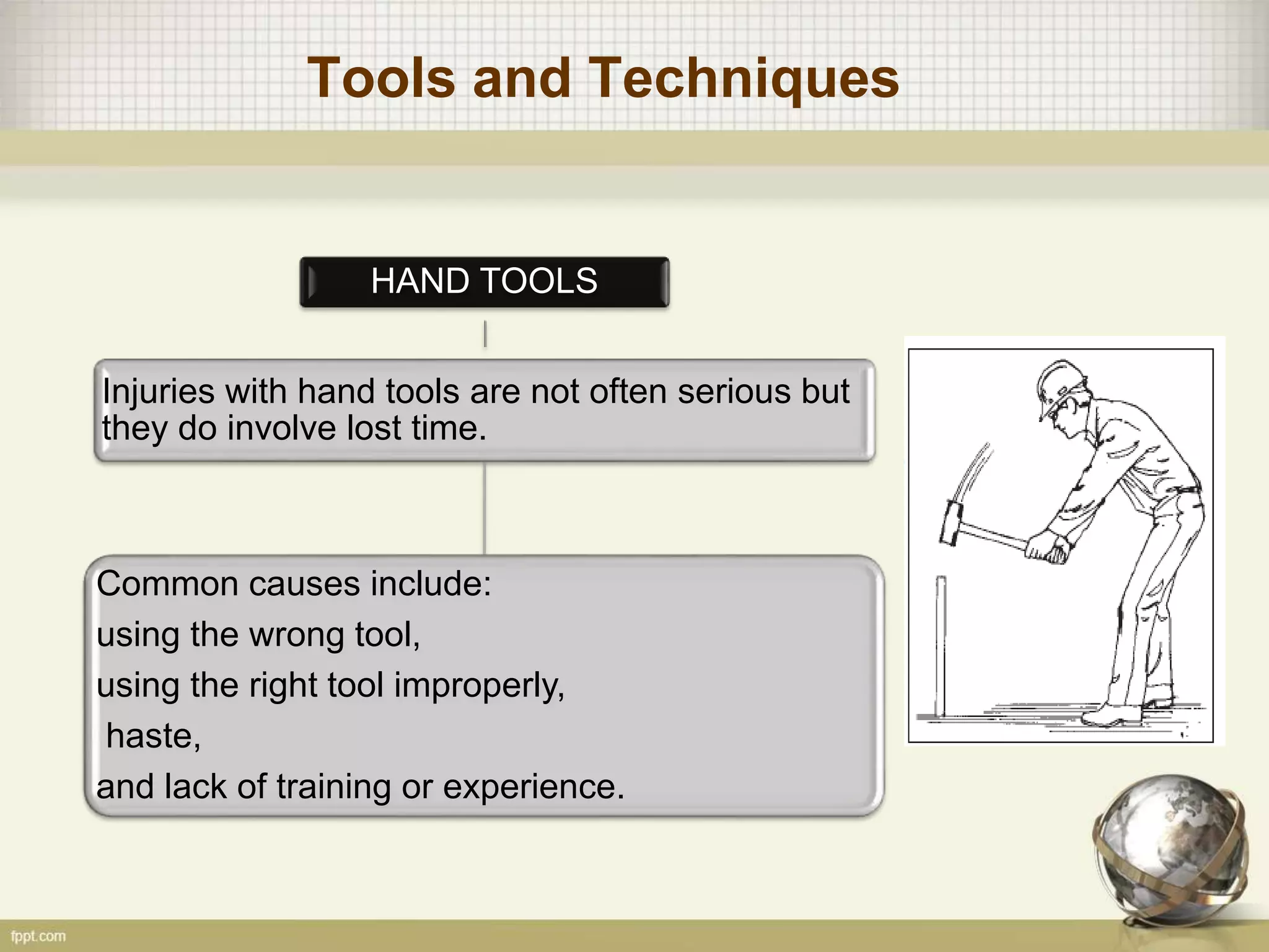 Tools and Techniques
HAND TOOLS
Injuries with hand tools are not often serious but
they do involve lost time.
Common causes include:
using the wrong tool,
using the right tool improperly,
haste,
and lack of training or experience.
 