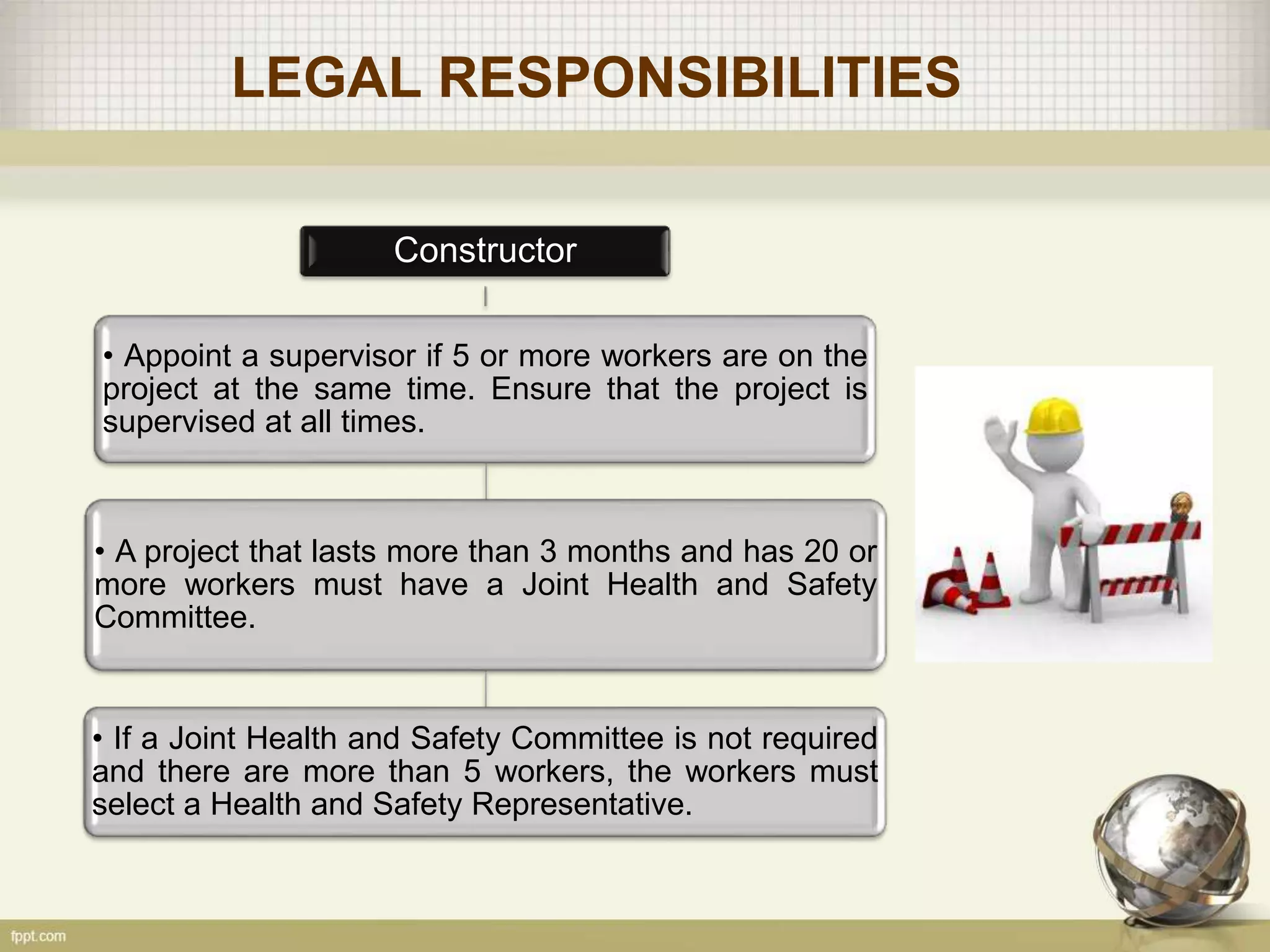 LEGAL RESPONSIBILITIES
Constructor
• Appoint a supervisor if 5 or more workers are on the
project at the same time. Ensure that the project is
supervised at all times.
• A project that lasts more than 3 months and has 20 or
more workers must have a Joint Health and Safety
Committee.
• If a Joint Health and Safety Committee is not required
and there are more than 5 workers, the workers must
select a Health and Safety Representative.
 