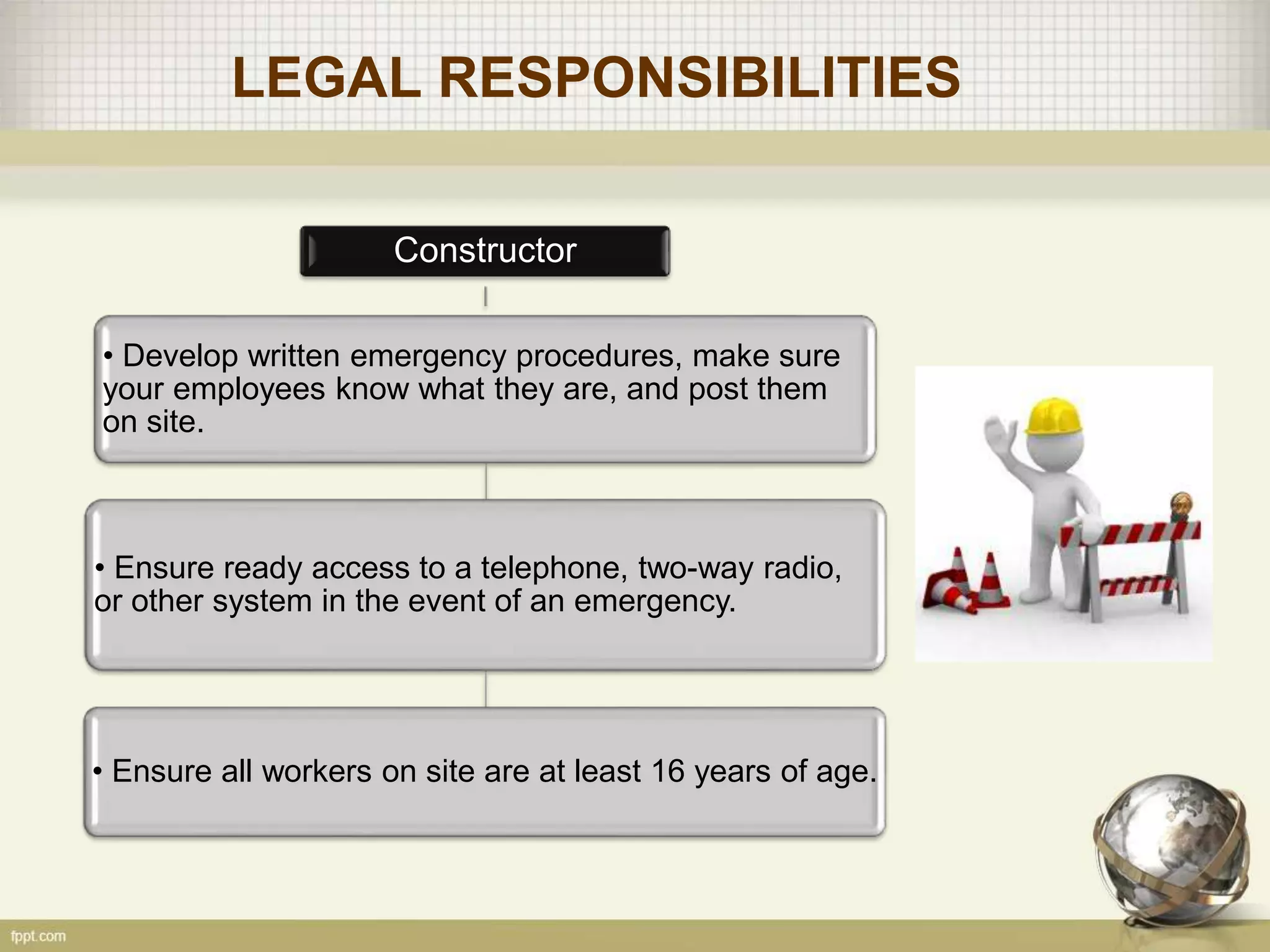 LEGAL RESPONSIBILITIES
Constructor
• Develop written emergency procedures, make sure
your employees know what they are, and post them
on site.
• Ensure ready access to a telephone, two-way radio,
or other system in the event of an emergency.
• Ensure all workers on site are at least 16 years of age.
 