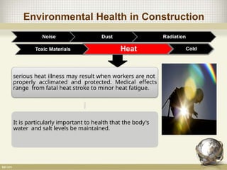 Environmental Health in Construction
Noise Dust Radiation
Toxic Materials
serious heat illness may result when workers are not
properly acclimated and protected. Medical effects
range from fatal heat stroke to minor heat fatigue.
It is particularly important to health that the body's
water and salt levels be maintained.
Heat Cold
 