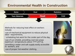 Environmental Health in Construction
Noise Dust Radiation
Toxic Materials
Methods for reducing heat effect on workers
include:
-use of mechanical equipment to reduce physical
labor requirements,
- scheduling hot work for the cooler part of the day,
-use of sun shields, providing cool rest areas
[optimum temperatures about 77°F (25°C)],
-providing a water and salt supply easily accessible
to workers, and
-use of proper hot-weather clothing.
Heat Cold
 