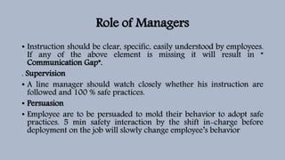 Role of Managers
• Instruction should be clear, specific, easily understood by employees.
If any of the above element is missing it will result in “
Communication Gap”.
. Supervision
• A line manager should watch closely whether his instruction are
followed and 100 % safe practices.
• Persuasion
• Employee are to be persuaded to mold their behavior to adopt safe
practices. 5 min safety interaction by the shift in-charge before
deployment on the job will slowly change employee’s behavior
 