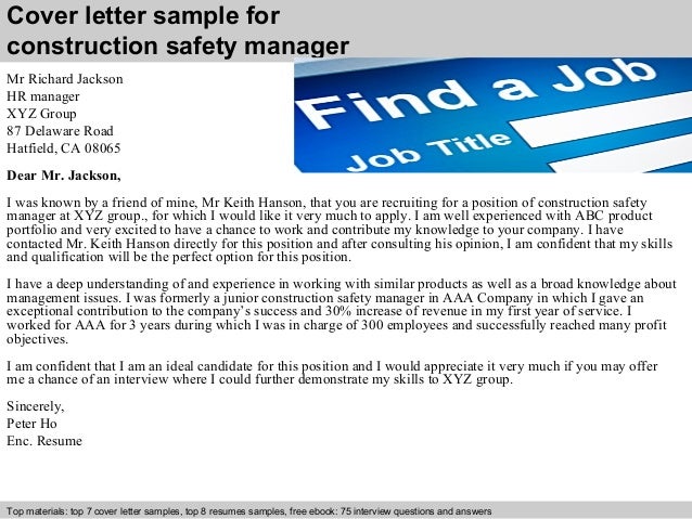 Construction safety manager cover letter