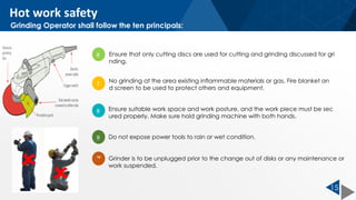 15
6 Ensure that only cutting discs are used for cutting and grinding discussed for gri
nding.
7
No grinding at the area existing inflammable materials or gas, Fire blanket an
d screen to be used to protect others and equipment.
8 Ensure suitable work space and work posture, and the work piece must be sec
ured properly. Make sure hold grinding machine with both hands.
9 Do not expose power tools to rain or wet condition.
10
Grinder is to be unplugged prior to the change out of disks or any maintenance or
work suspended.
Grinding Operator shall follow the ten principals:
Hot work safety
 